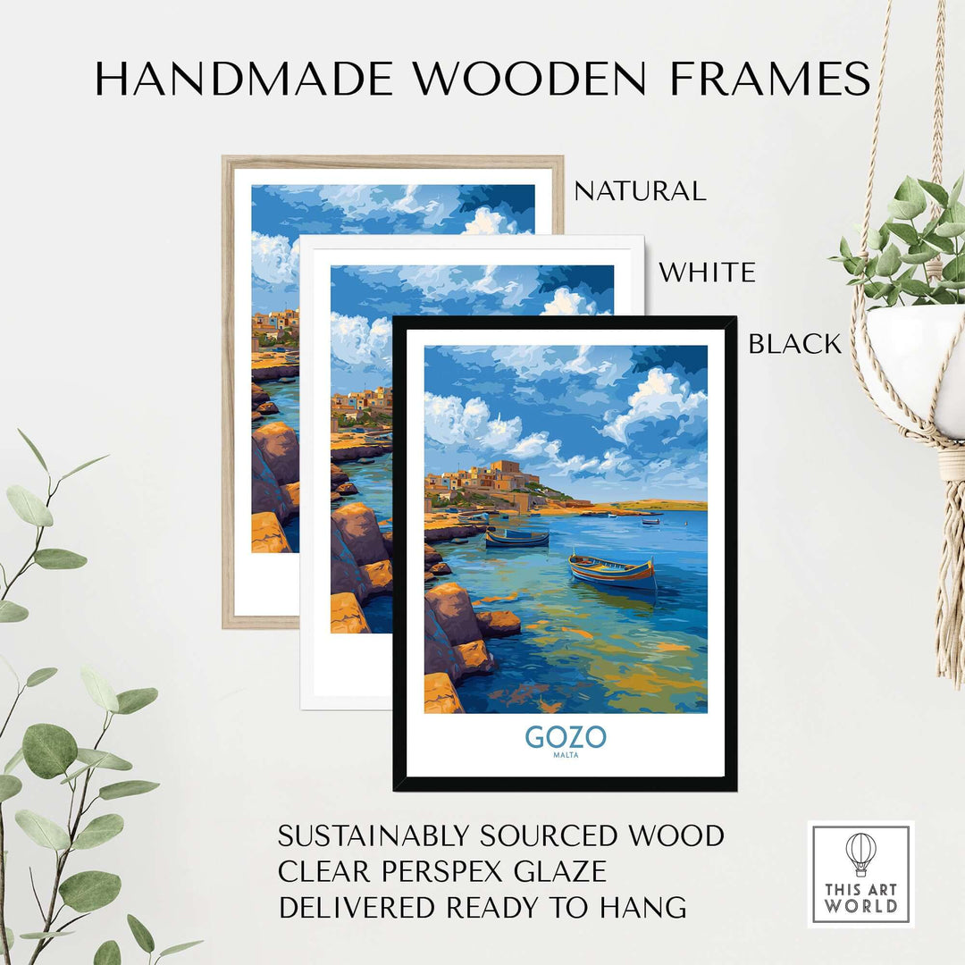Gozo Malta Coastal Village Art Print | Traditional Boats Poster in handmade wooden frames with various colors.