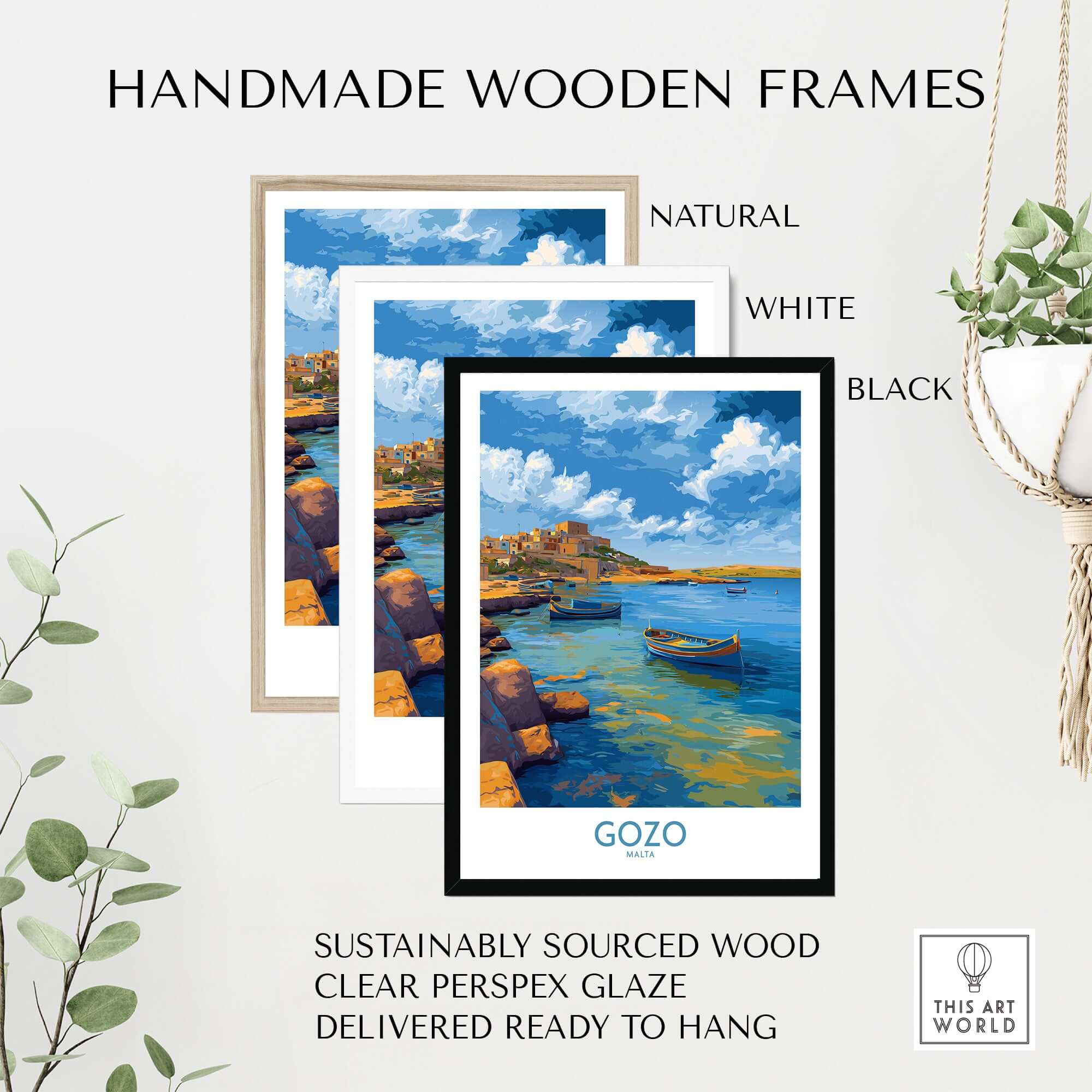 Gozo Malta Coastal Village Art Print | Traditional Boats Poster in handmade wooden frames