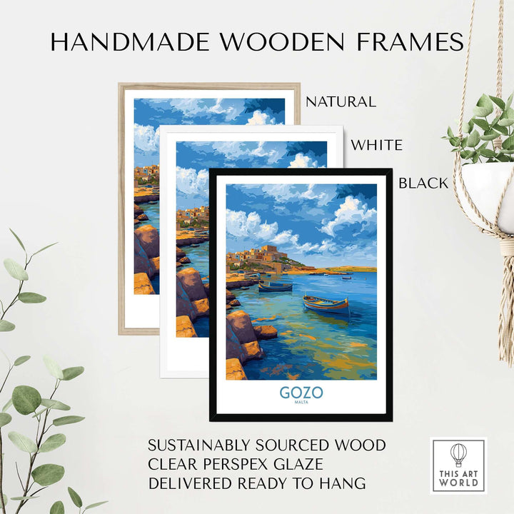 Gozo Malta Coastal Village Art Print | Traditional Boats Poster in handmade wooden frames with various colors.