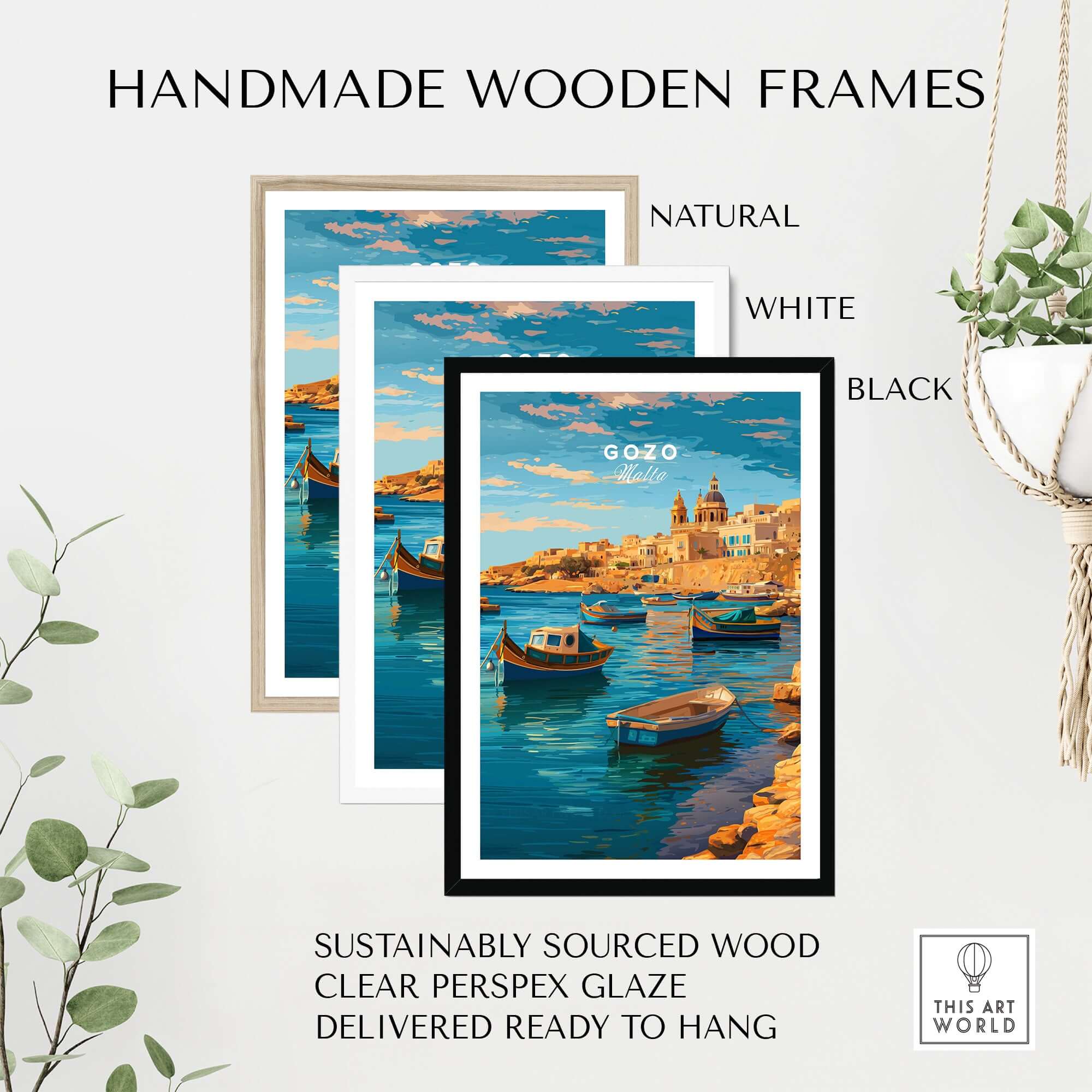Handmade wooden frames for Gozo Poster - Mediterranean Print | Maltese Island Wall Decor in natural, white, and black.