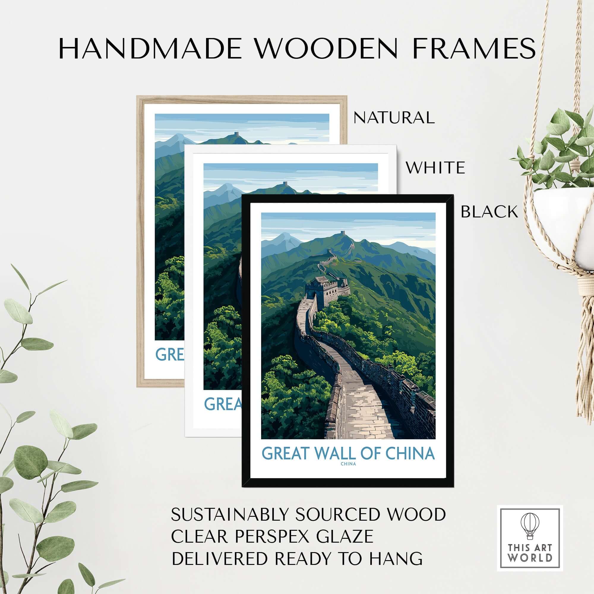 Great Wall of China Mountain Vista Poster - Iconic Chinese Landscape Art framed in natural, white, and black handmade wooden frames.