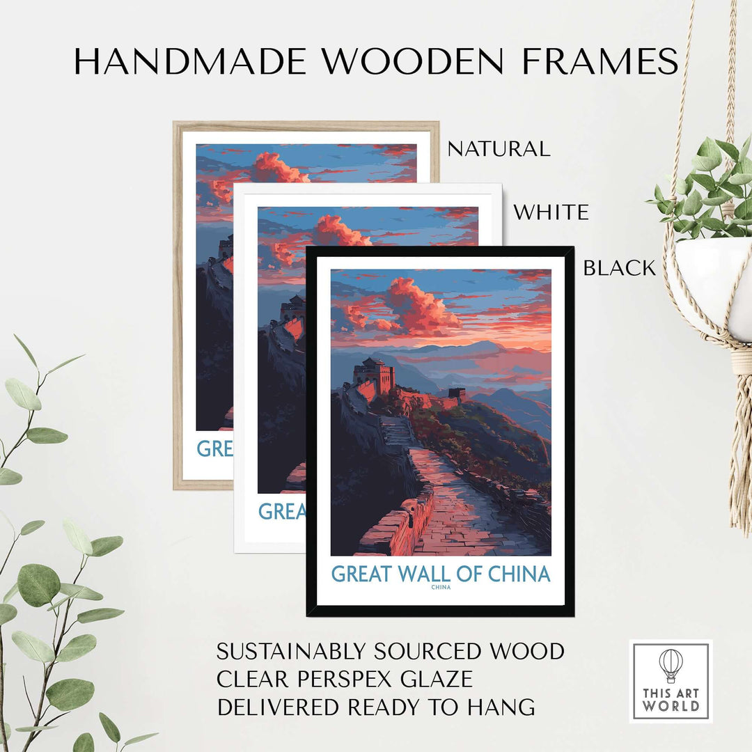 Handmade wooden frames in natural, white, and black for Great Wall of China print, featuring sustainable materials.