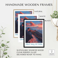 Great Wall of China Twilight Scene Print - Dramatic Sunset Wall Decor in handmade wooden frames, featuring natural, white, and black options.