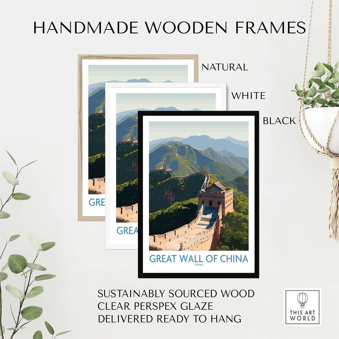 Handmade wooden frames in natural, white, and black for Great Wall of China print, ready to hang and sustainably sourced.