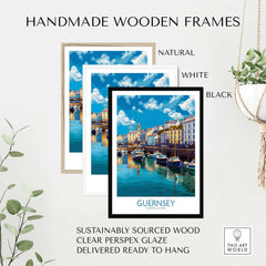 Guernsey St Peter Port Townscape Art Print | Historic Harbour Poster framed in natural, white, and black handmade wooden frames.