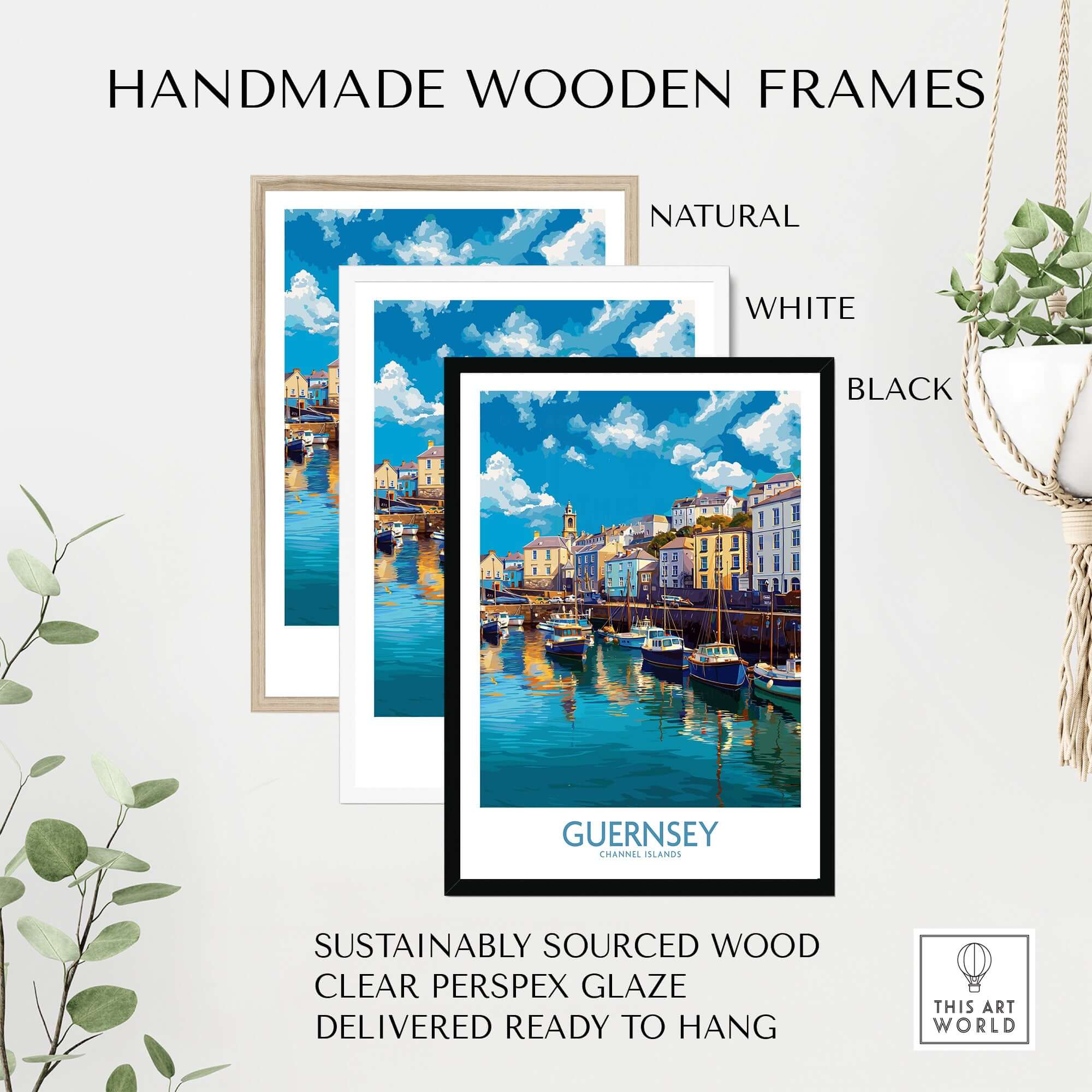 Guernsey St Peter Port Townscape Art Print | Historic Harbour Poster framed in natural, white, and black handmade wooden frames.