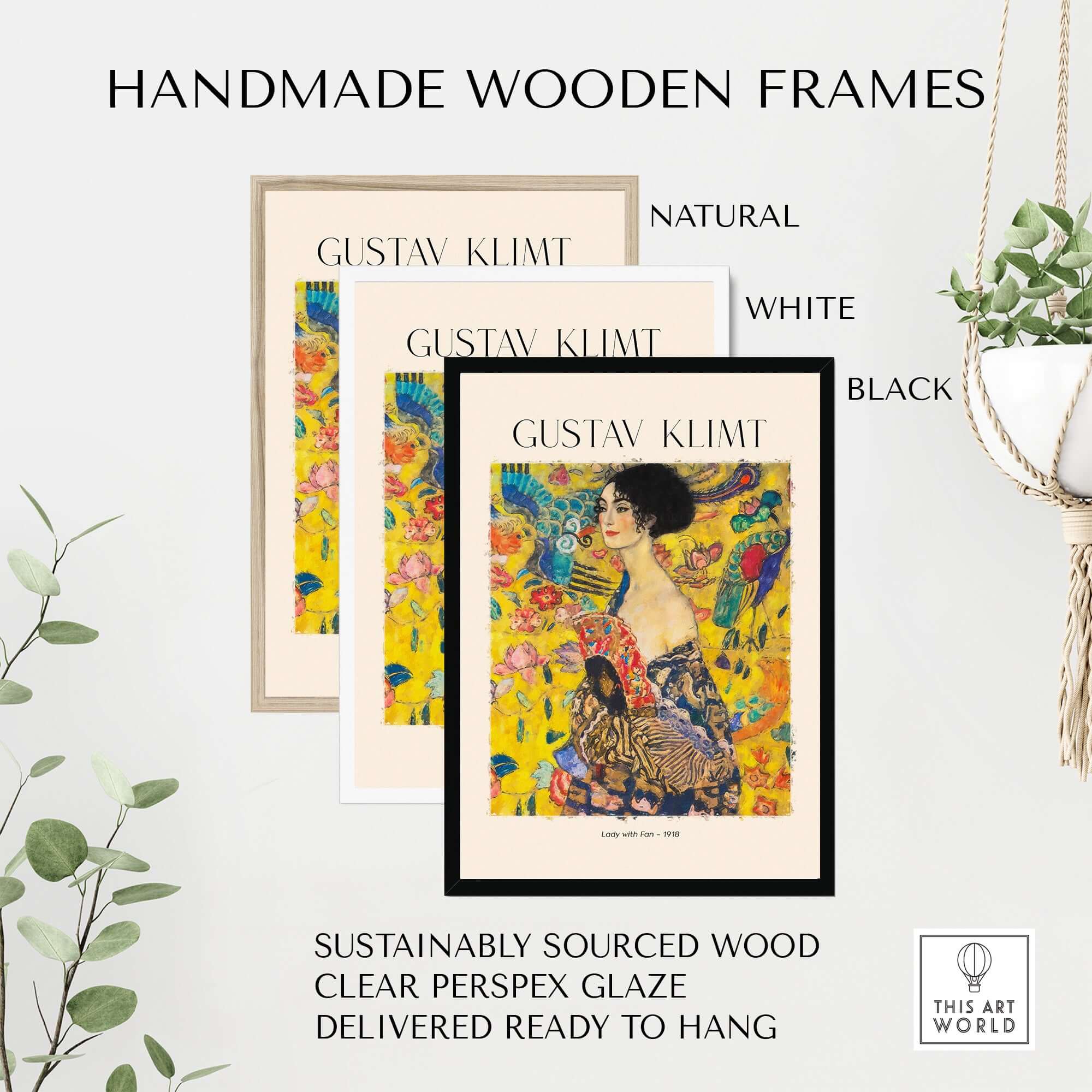 Handmade wooden frames for Gustav Klimt Lady with Fan Art Print 1918 - Art Nouveau Poster in natural, white, black finishes.
