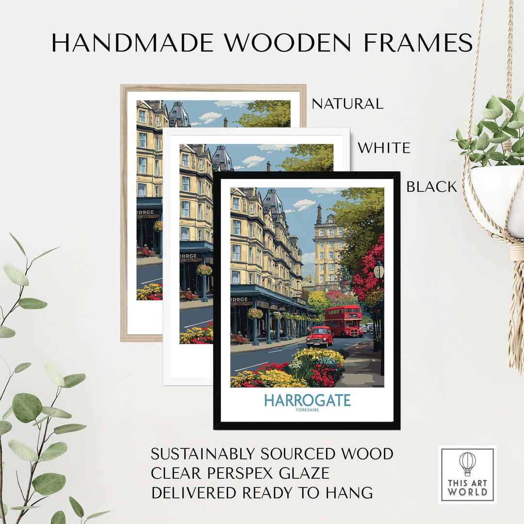 Harrogate Yorkshire Print | Floral Street Scene Poster displayed in handmade wooden frames in natural, white, and black colors.