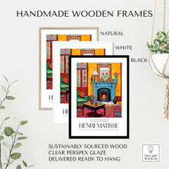 Matisse Art Prints - Cozy Fireplace Interior Poster with handmade wooden frames in natural, white, and black options.