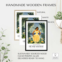 Matisse Art Prints - Woman Tropical Leaves Art Print showcased in handmade wooden frames in natural, white, and black colors.