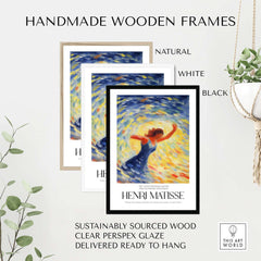 Matisse Art Prints - Dancing Figure Swirl Background Art Print in handmade wooden frames: natural, white, and black.
