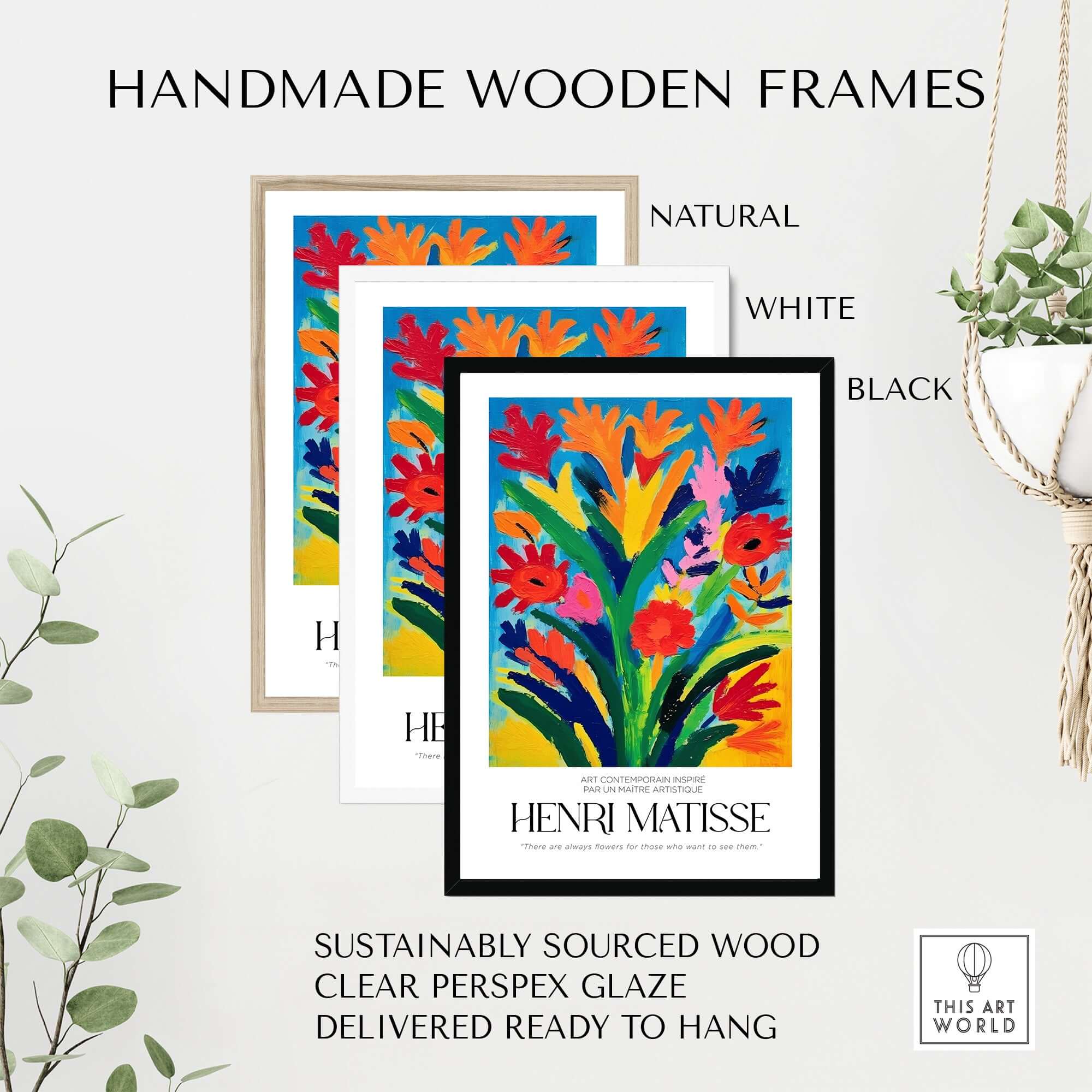 Matisse Art Prints - Abstract Floral Bouquet Print displayed in handmade wooden frames in natural, white, and black options.