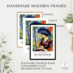 Matisse Art Prints - Woman with Blue Hat Garden Poster in handmade wooden frames, featuring natural, white, and black options.