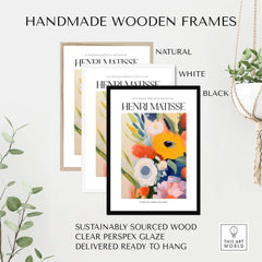 Handmade wooden frames in natural, white, and black for Matisse art prints, featuring sustainably sourced wood and clear glaze.