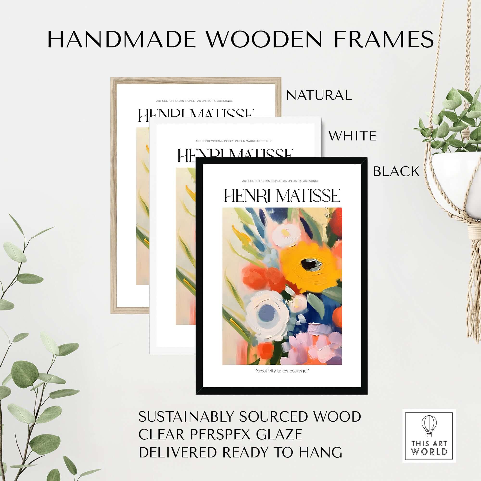 Handmade wooden frames in natural, white, and black for Matisse art prints, featuring sustainably sourced wood and clear glaze.