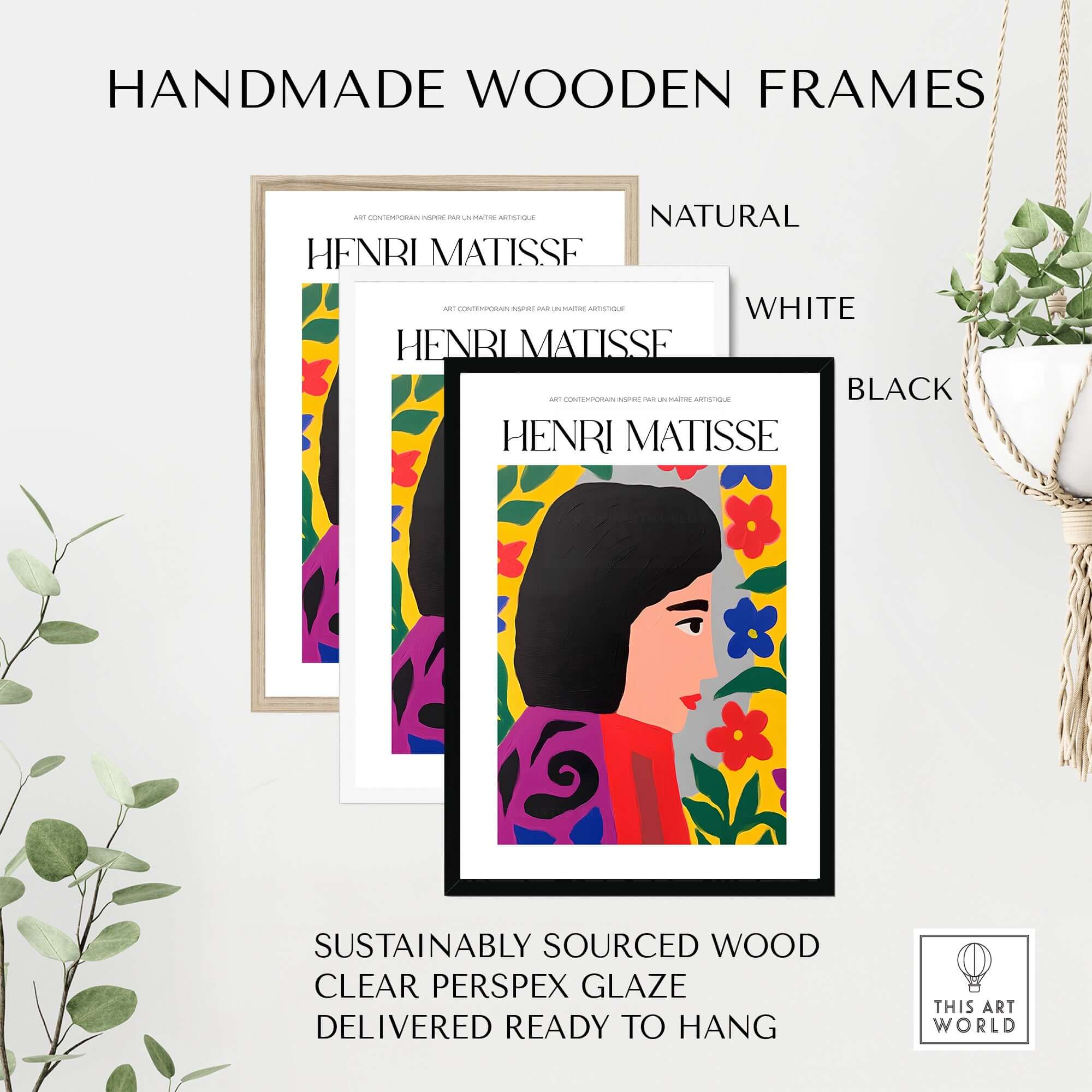 Matisse Art Prints - Floral Woman in handmade wooden frames, available in natural, white, and black styles.