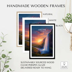 Iceland Poster | Icelandic Home Wall Art displayed in handmade wooden frames in natural, white, and black colors.