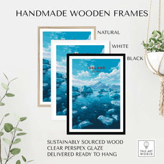 Iceland Poster | Nordic Landscape Wall Decor in handmade wooden frames, showcasing natural, white, and black options.