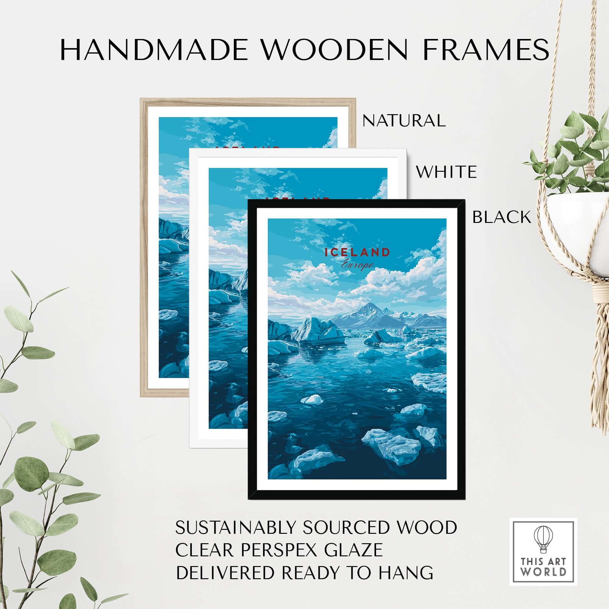 Iceland Poster | Nordic Landscape Wall Decor in handmade wooden frames, showcasing natural, white, and black options.