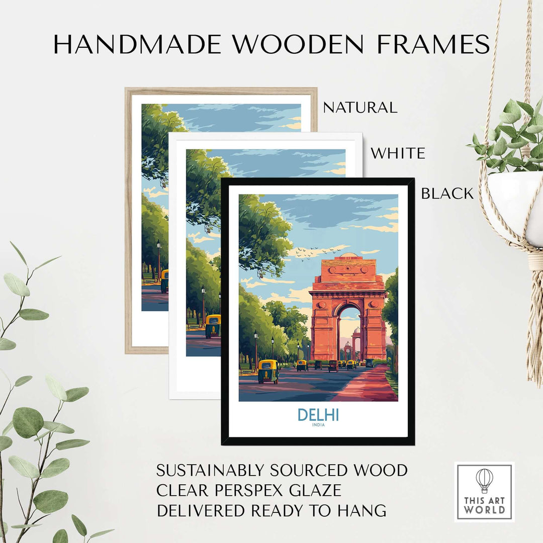 Handmade wooden frames in natural, white, and black, showcasing a Delhi cityscape print of India Gate.