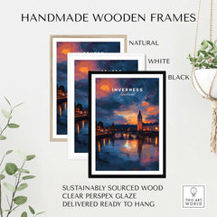 Handmade wooden frames in natural, white, and black for Inverness Scotland Sunset River Art Print | Vibrant City Lights Poster.
