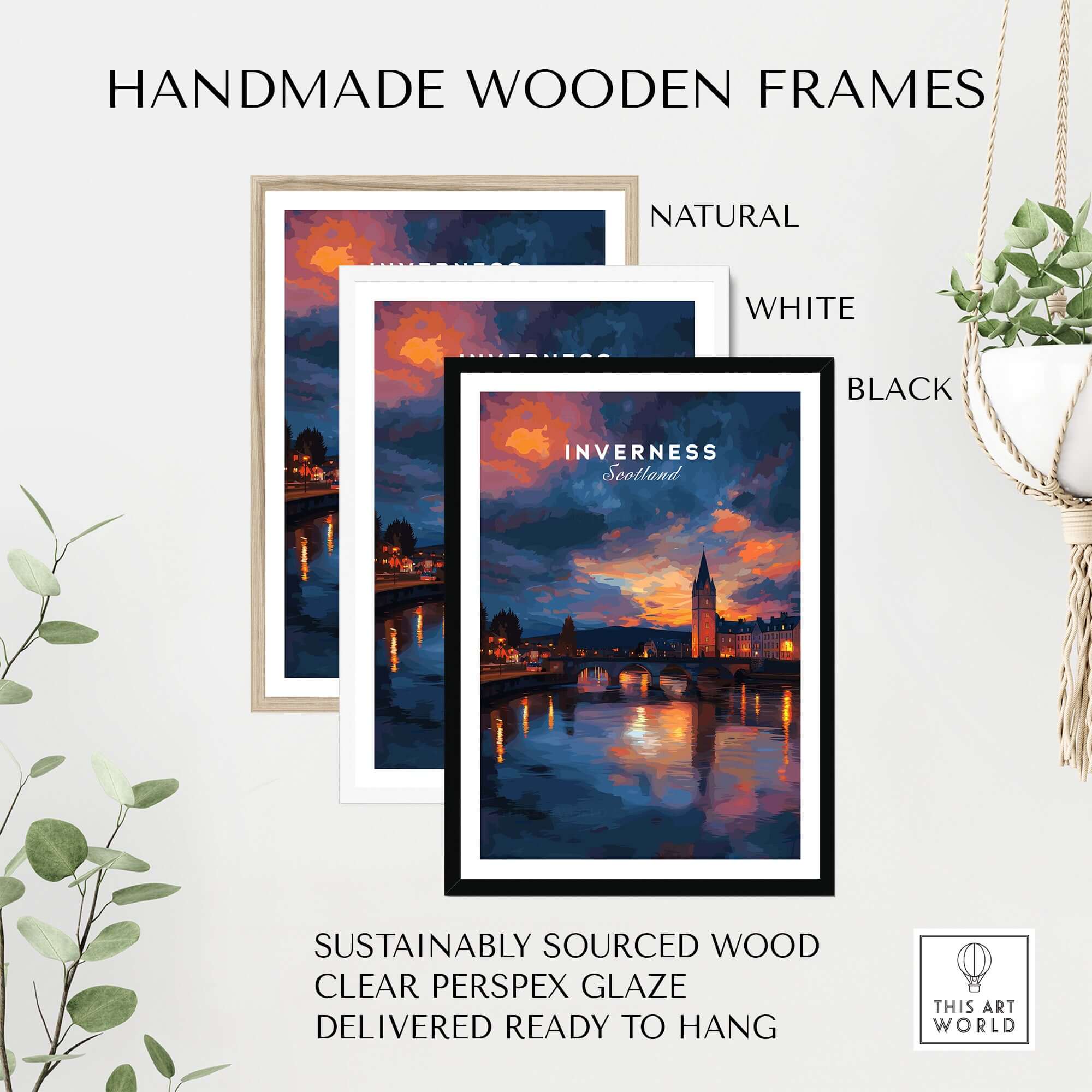 Handmade wooden frames in natural, white, and black for Inverness Scotland Sunset River Art Print | Vibrant City Lights Poster.