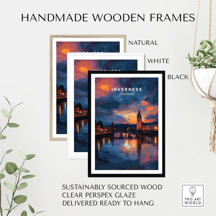 Inverness Scotland Sunset River Art Print | Vibrant City Lights Poster displayed in handmade wooden frames.