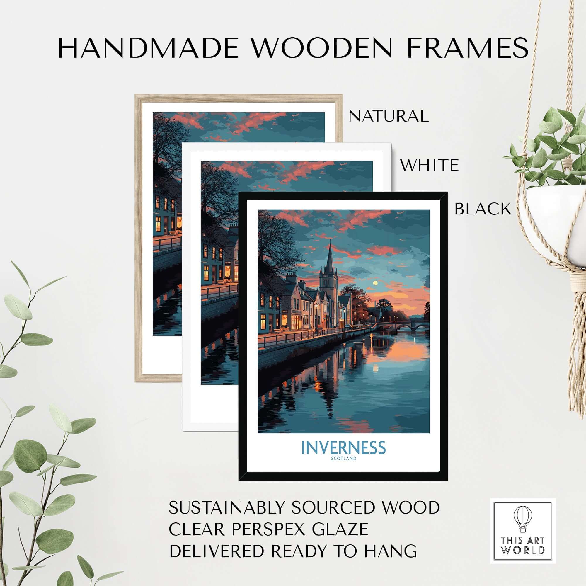 Handmade wooden frames in natural, white, and black for Inverness Scotland Sunset River Reflections Art Print | Twilight Cityscape Poster.