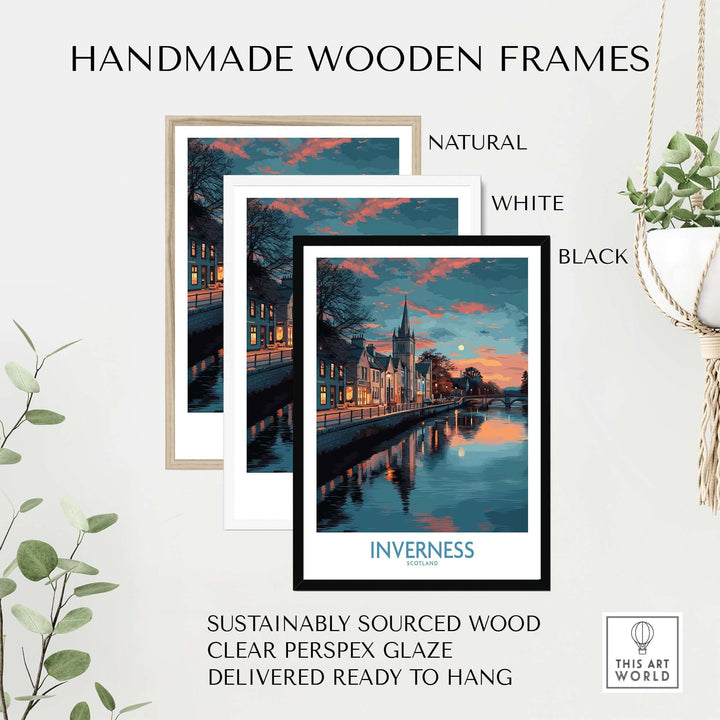 Handmade wooden frames in natural, white, and black for Inverness Scotland Sunset River Reflections Art Print | Twilight Cityscape Poster.