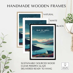Isle of Mull Poster Scotland Print - Serene Scottish Wall Art in handmade wooden frames, natural, white, and black options.
