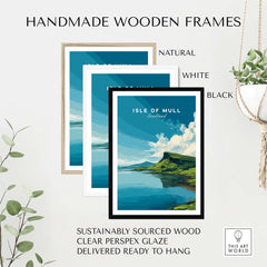 Isle of Mull Scotland Loch & Cliffside Poster - Vibrant Green Landscape Art framed in natural, white, and black wooden frames.