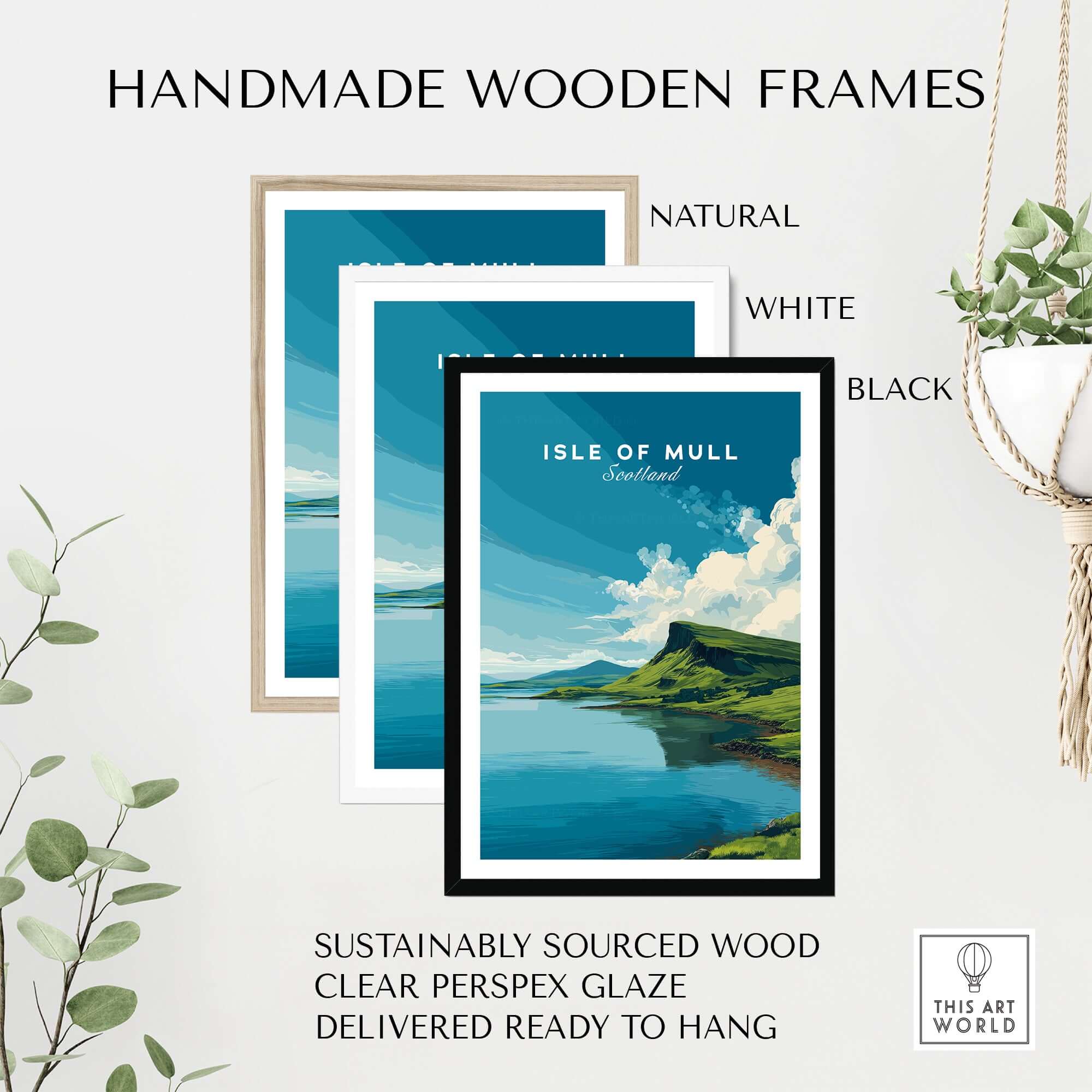 Isle of Mull Scotland Loch & Cliffside Poster - Vibrant Green Landscape Art framed in natural, white, and black wooden frames.