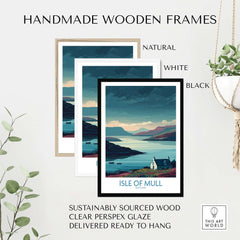 Isle of Mull Scotland Misty Landscape Wall Art - Rural Scotland Decor with handmade wooden frames in natural, white, and black.