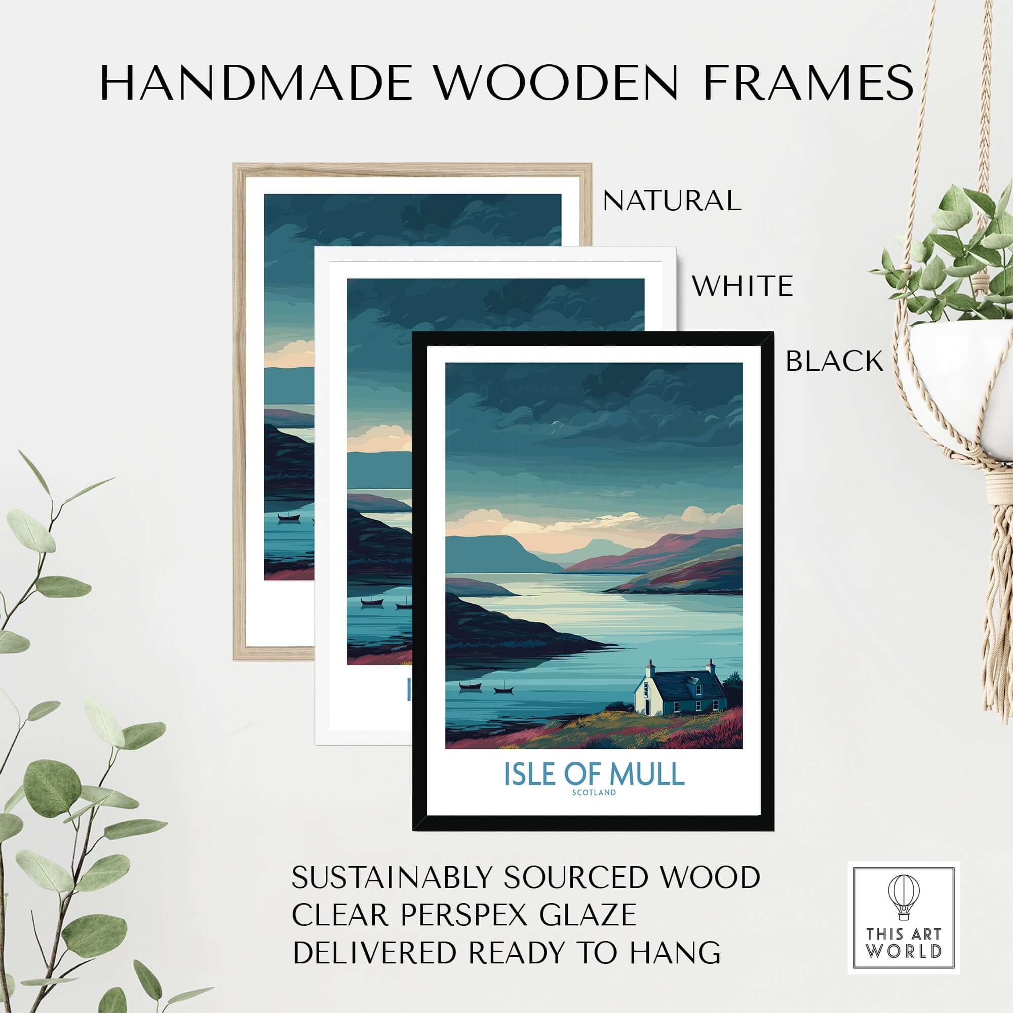 Isle of Mull Scotland Misty Landscape Wall Art - Rural Scotland Decor with handmade wooden frames in natural, white, and black.