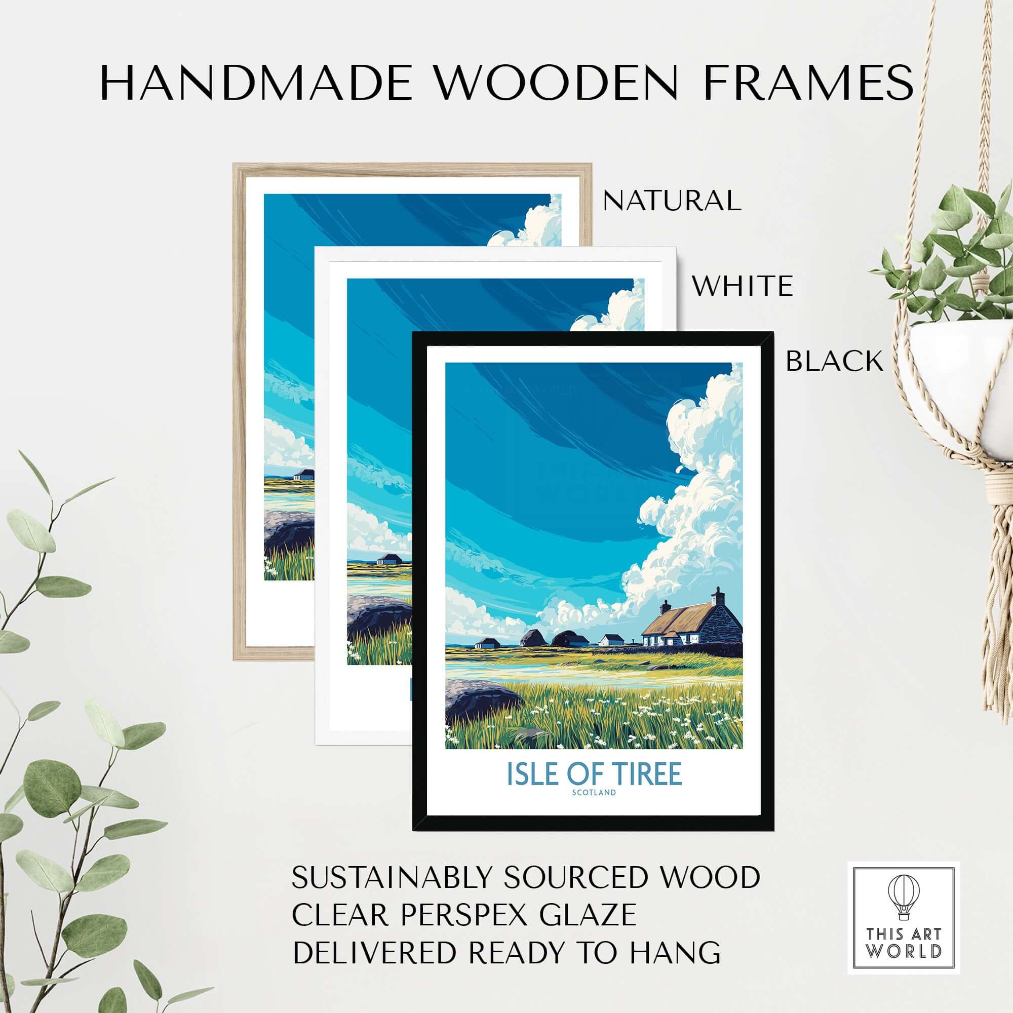 Isle of Tiree Scotland Art Print displayed in handmade wooden frames in natural, white, and black finishes.