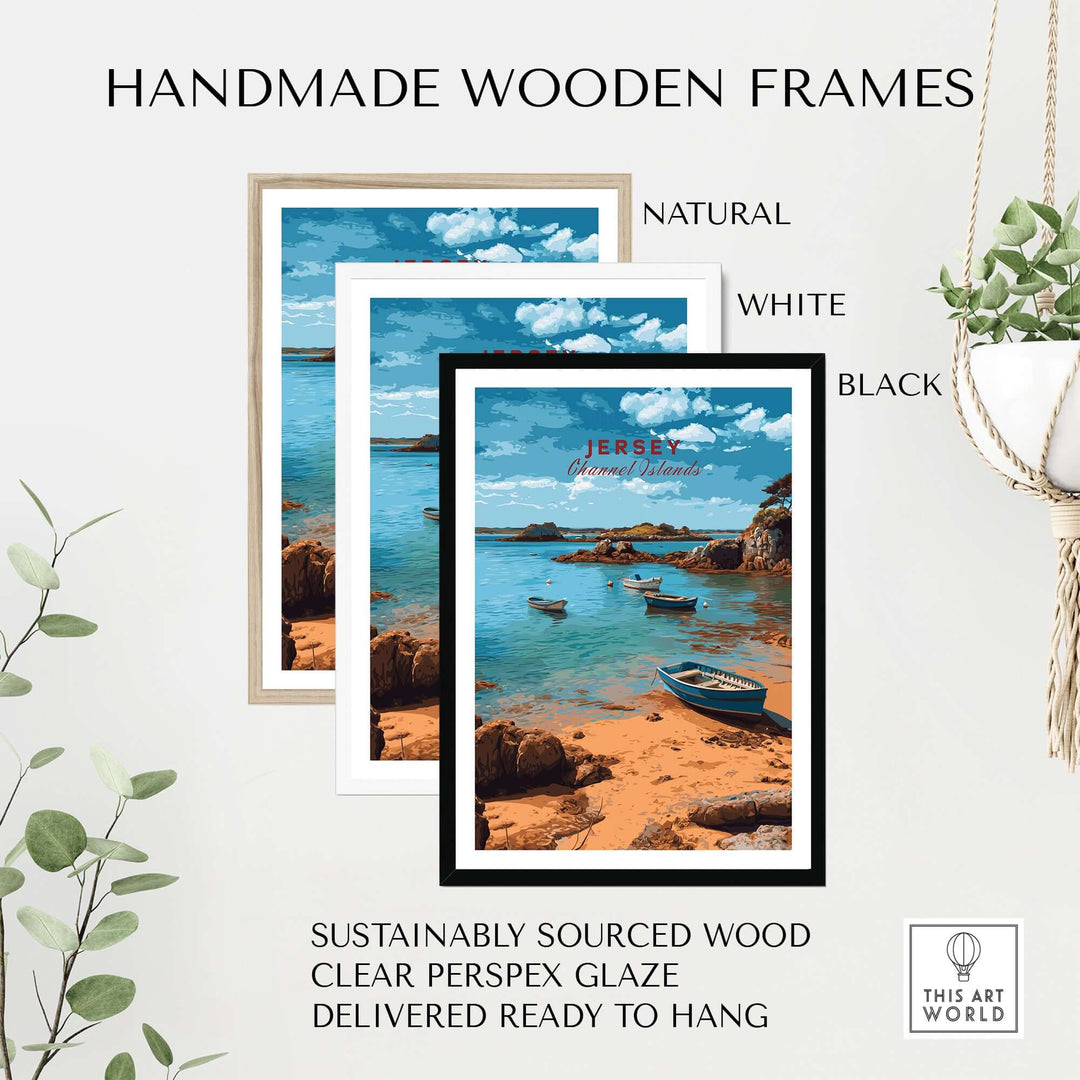 Jersey Channel Islands Art Print | Scenic Coastal Bay Poster displayed in handmade wooden frames in natural, white, and black.