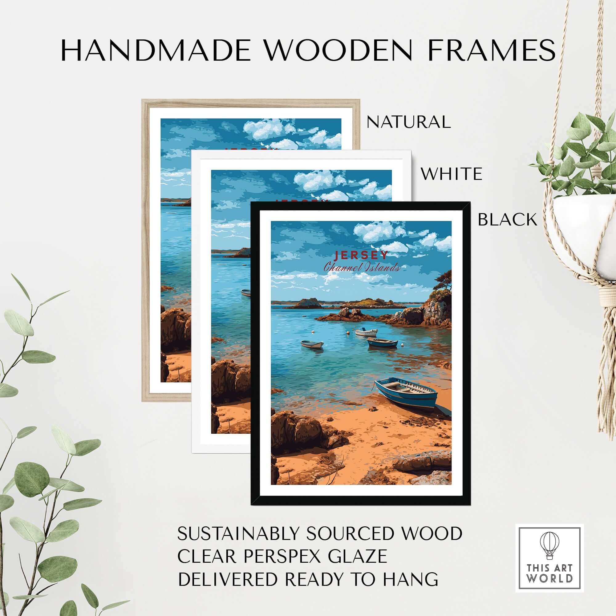 Jersey Channel Islands Art Print | Scenic Coastal Bay Poster framed in handmade natural, white, and black wooden frames.