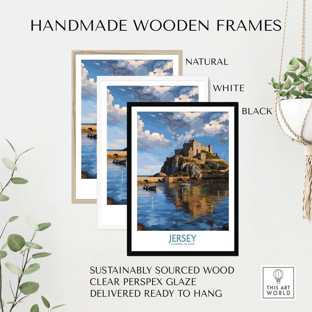 Jersey Channel Islands Mont Orgueil Castle Art Print | Historic Landmark Poster displayed in handmade wooden frames.