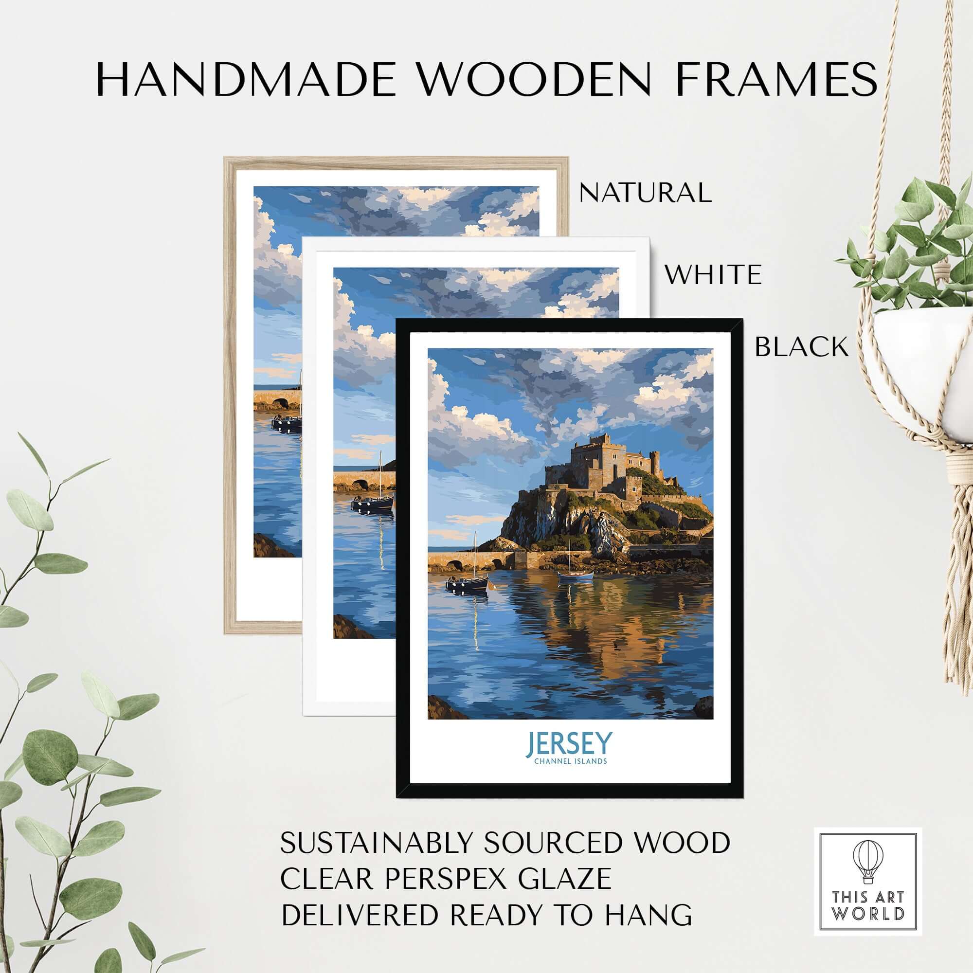 Jersey Channel Islands Mont Orgueil Castle Art Print | Historic Landmark Poster framed options in natural, white, and black.