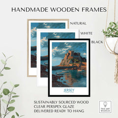 Jersey Channel Islands Art Print - Mont Orgueil Castle in handmade wooden frames, featuring natural, white, and black options.