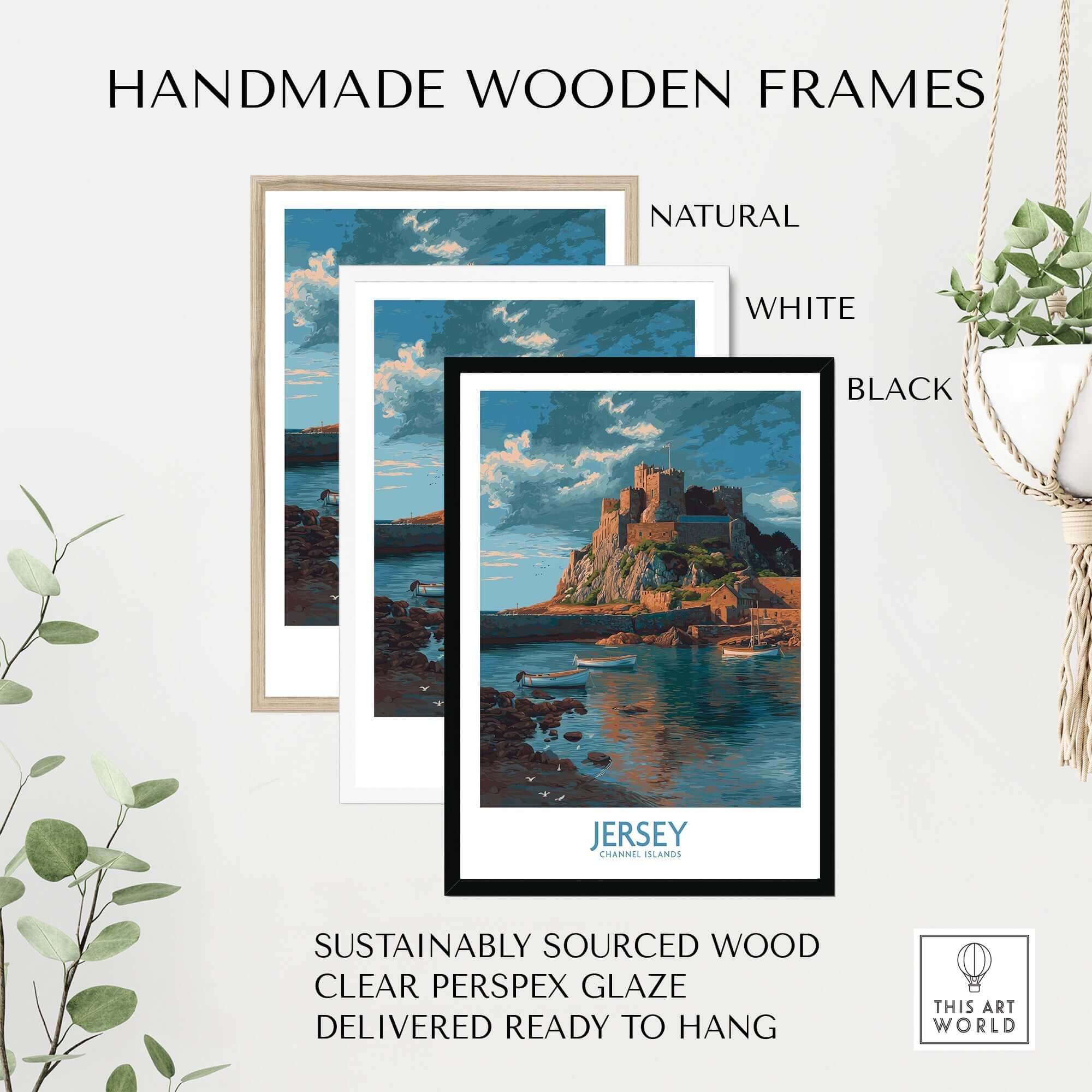 Jersey Channel Islands Art Print - Mont Orgueil Castle in handmade wooden frames, featuring natural, white, and black options.