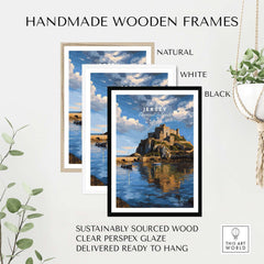 Jersey Gorey Castle Print | Channel Islands Travel Wall Decor showcased in handmade wooden frames in natural, white, and black.