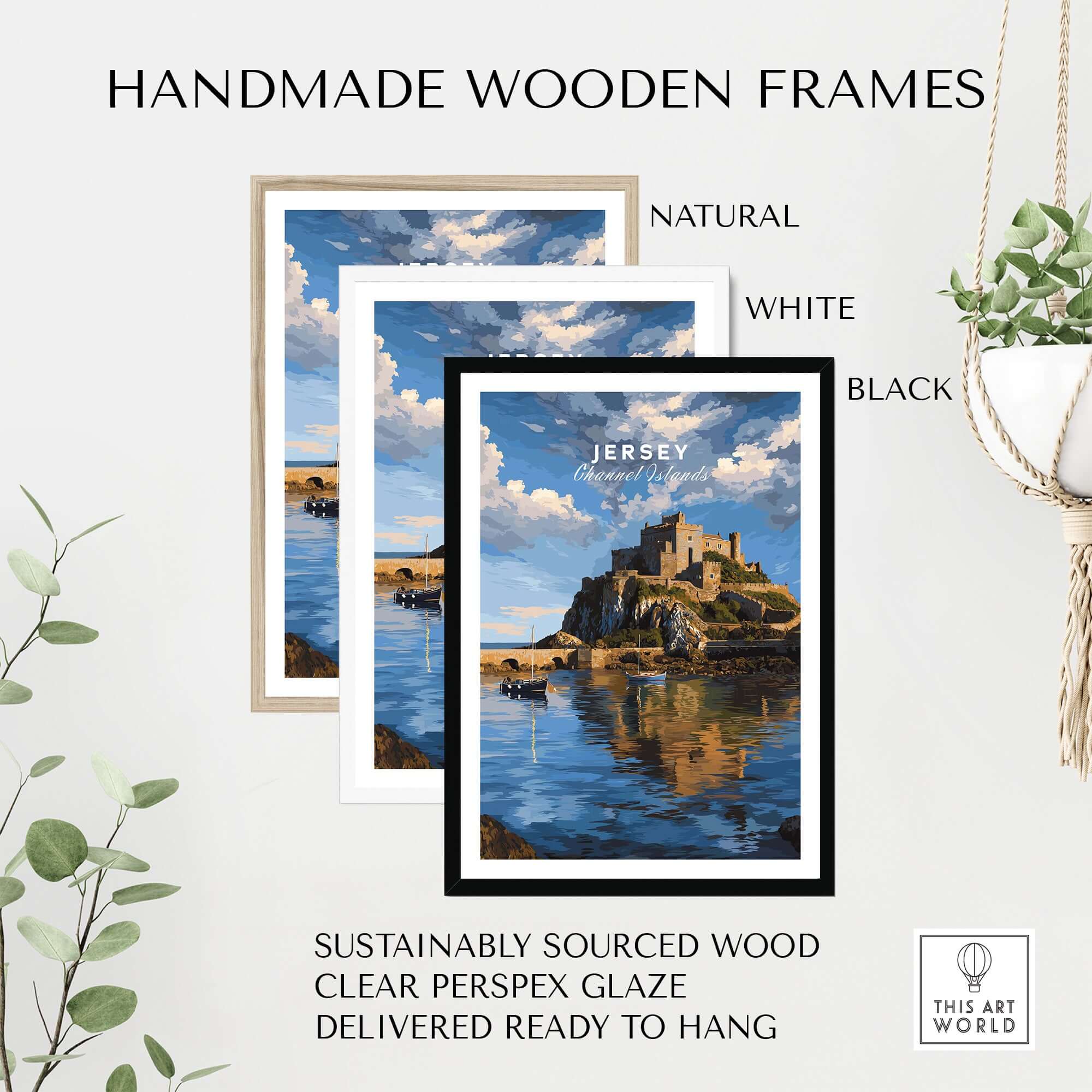 Jersey Gorey Castle Print | Channel Islands Travel Wall Decor showcased in handmade wooden frames in natural, white, and black.