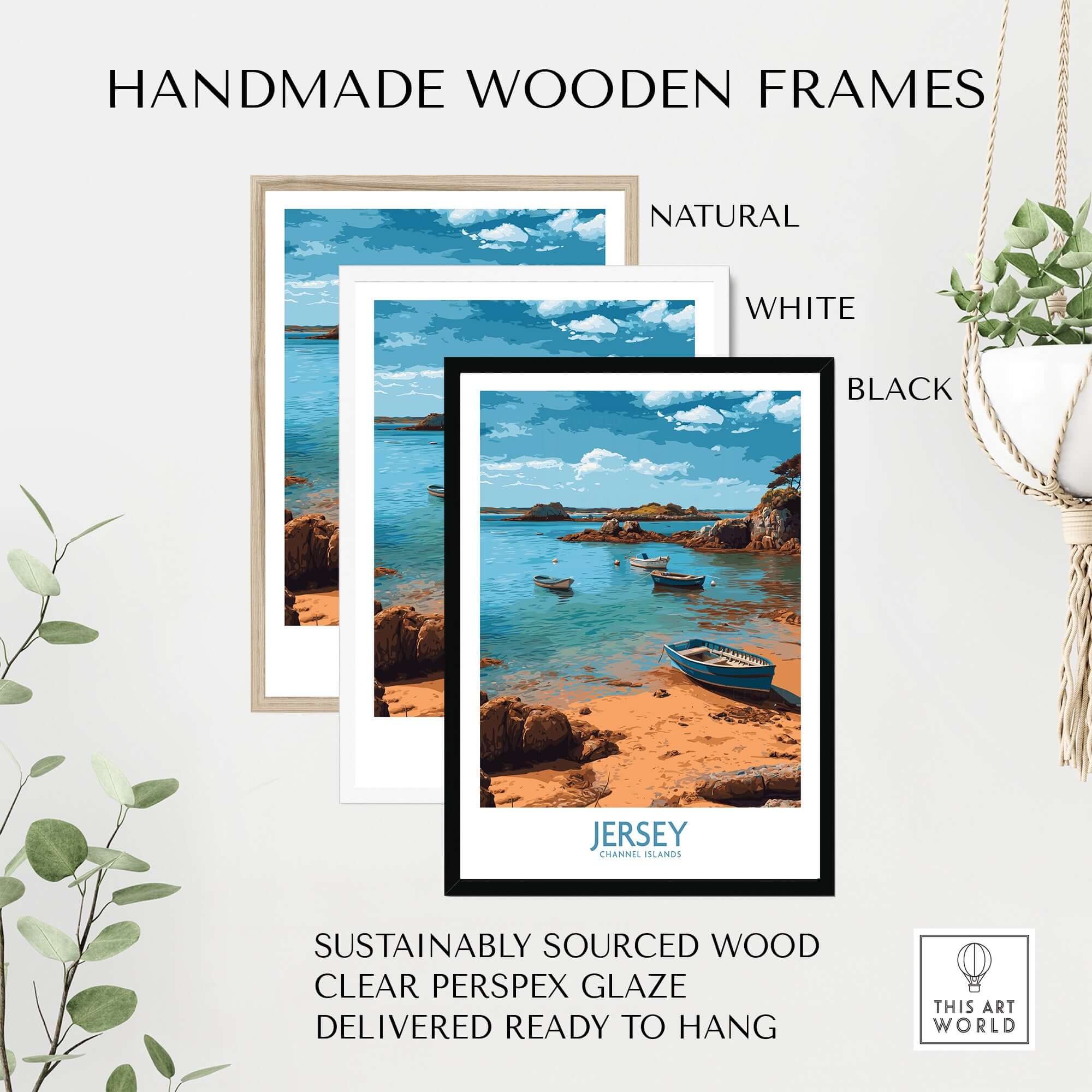 Handmade wooden frames for Jersey Island Print | Channel Islands Home Decor in natural, white, and black options.