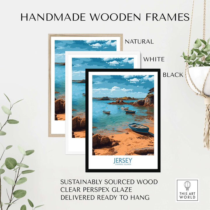 Jersey Island Print | Channel Islands Home Decor showcased in handmade wooden frames in natural, white, and black options.
