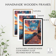 Handmade wooden frames in natural, white, and black for Jersey Poster - Elizabeth Castle Twilight Print, sustainably sourced wood.