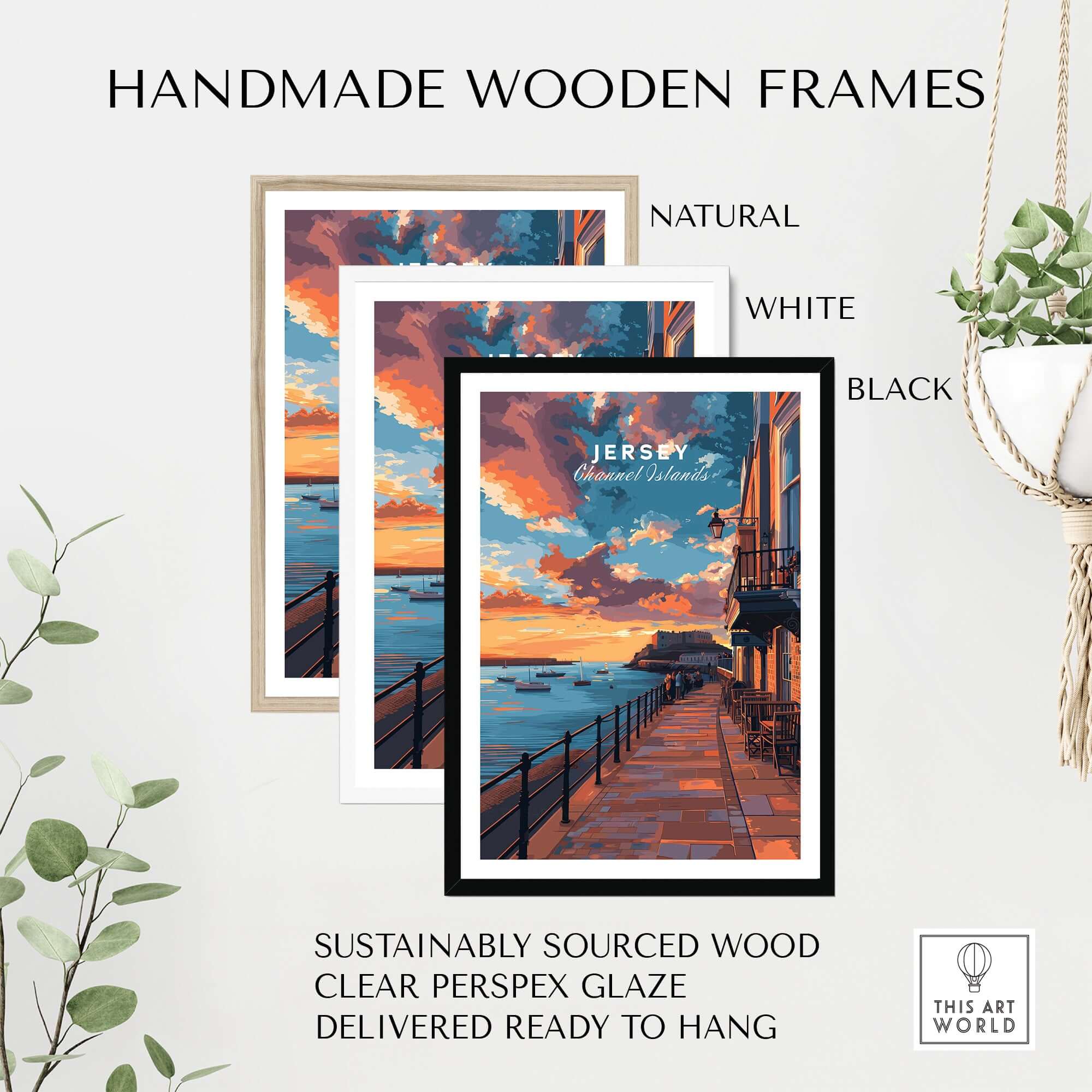 Handmade wooden frames in natural, white, and black for Jersey Poster - Elizabeth Castle Twilight Print, sustainably sourced wood.