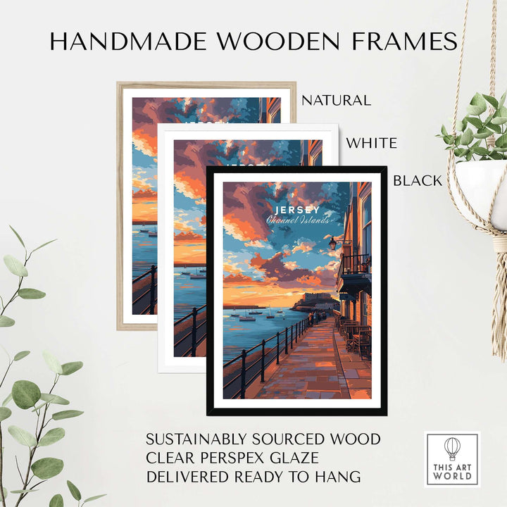 Jersey Poster - Elizabeth Castle Twilight Print in handmade wooden frames, natural, white, and black, ready to hang.
