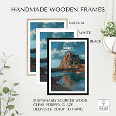 Jersey Print - Channel Islands Poster displayed in handmade wooden frames in natural, white, and black colors.