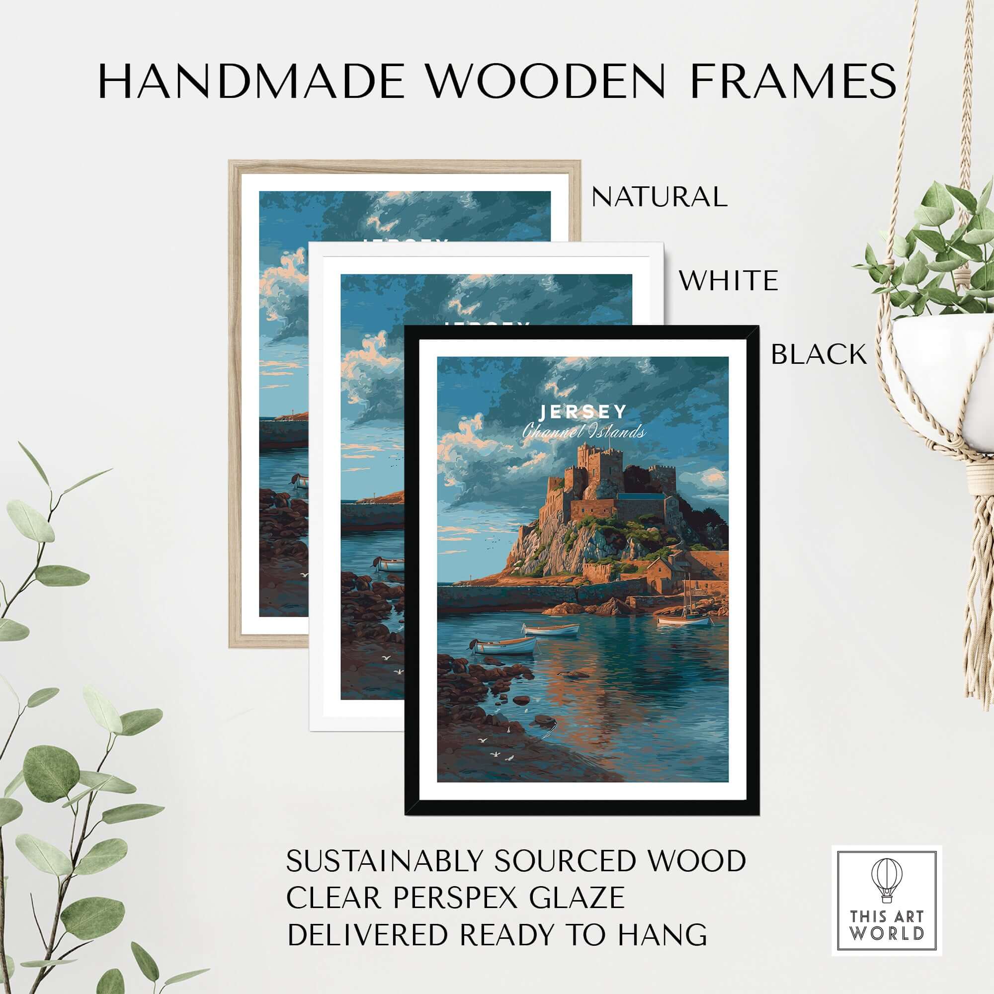 Jersey Print - Channel Islands Poster displayed in handmade wooden frames in natural, white, and black colors.